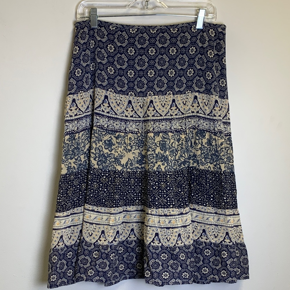 Eddie Bauer Navy & Cream Tiered A-Line Boho Print Skirt